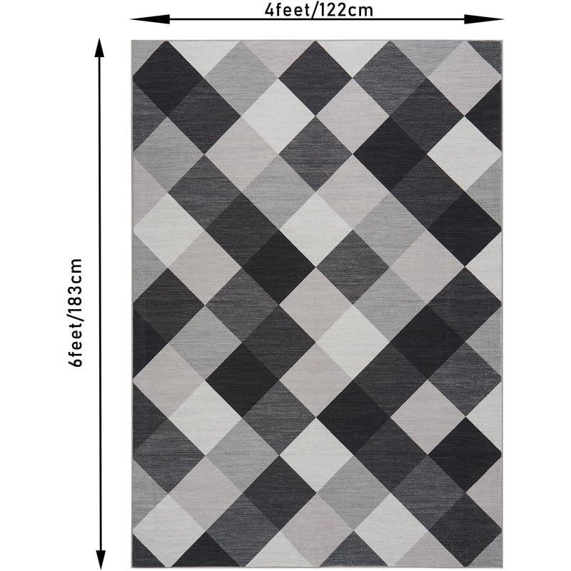 Machine Washable Plaid Runner Rug for Hallway, Kitchen, Bedroom, Living Room, 2x6, Navy & White, Abstract Geometric Design