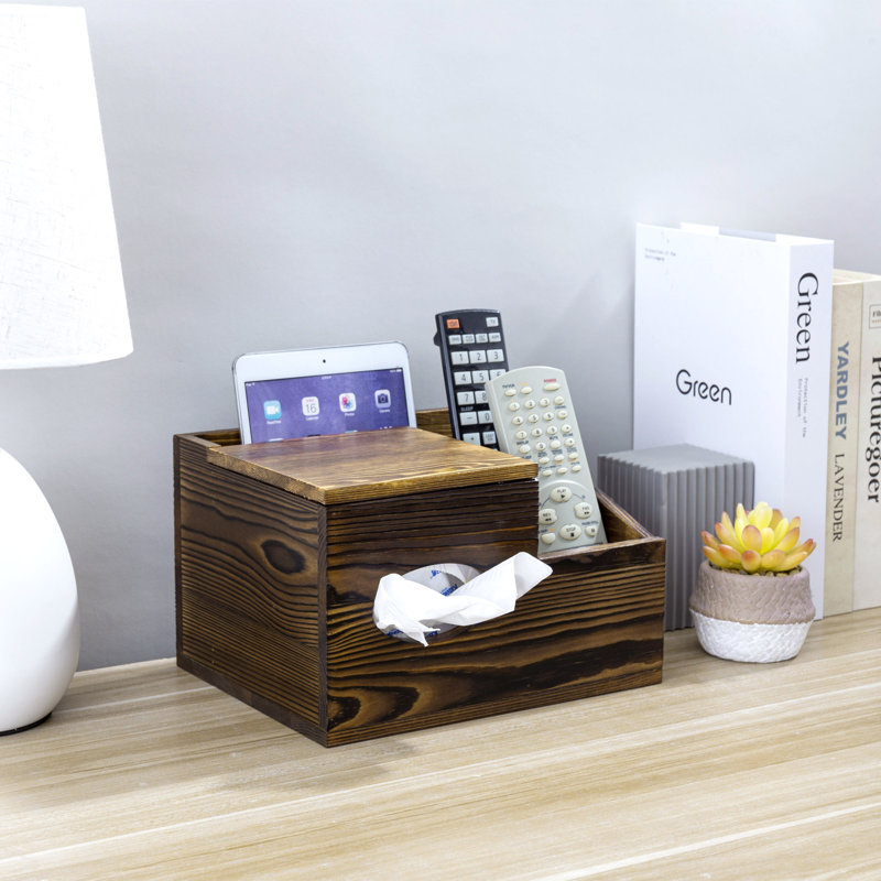 Wood Tissue Box with Remote Control Holder