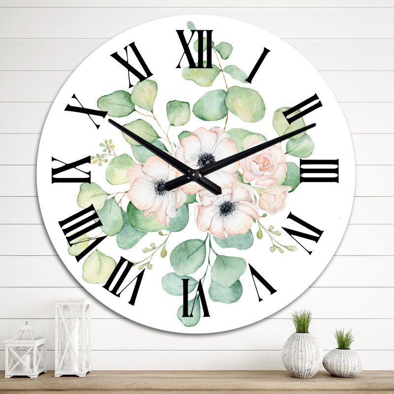 Bouquet de roses roses et d'eucalyptus II - horloge murale, Surdimensionné