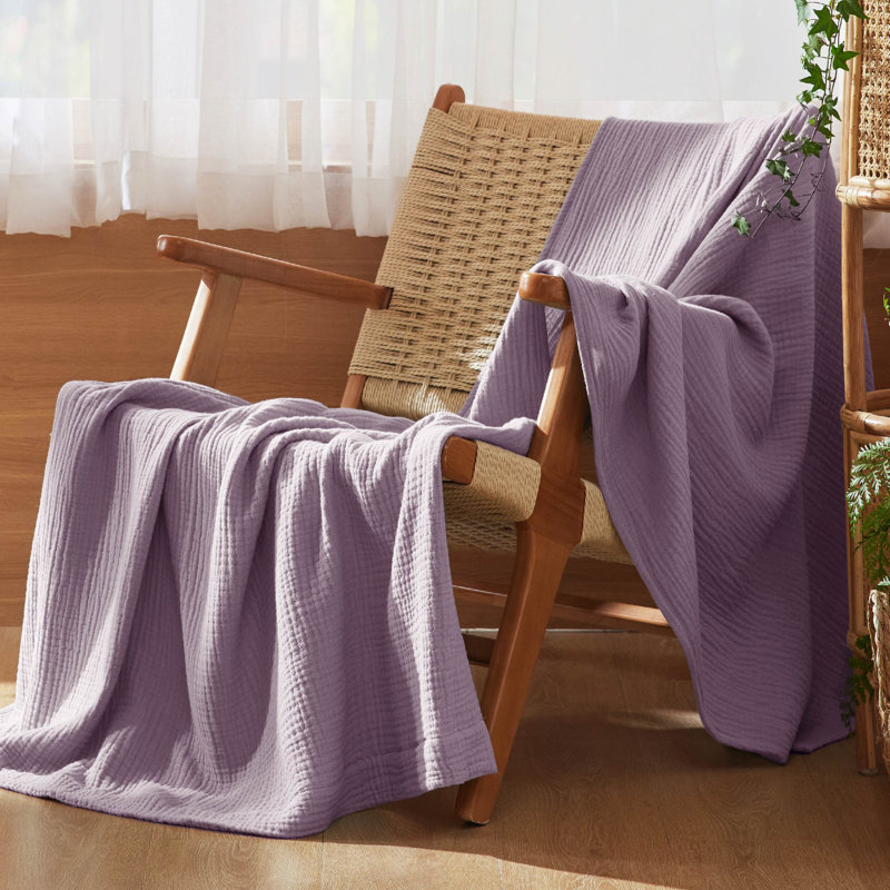 Bedsure 100% Cotton Muslin Blanket, 4-Layer Lightweight Summer Blanket for Dorm, Couch & Everyday Comfort, 200 GSM, Purple