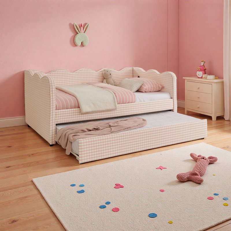 Lit de jour en vichy douillet avec lit gigogne simple sans sommier, avec port USB et adorable tissu en forme de vague, Rose