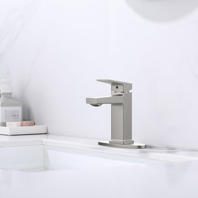 Robinet de salle de bain de style moderne en nickel brossé - montage sur comptoir à 1 poignée, écoulement doux et robinet stable monté sur trou pour économiser l'eau, contrôle facile du débit, finition grattée