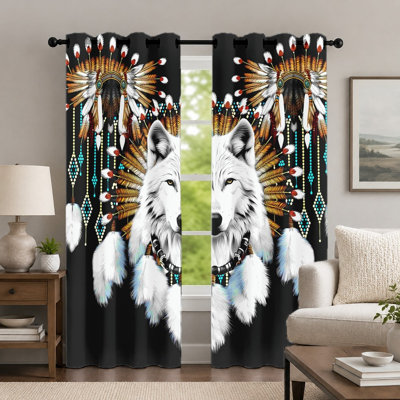 2Pcs White Wolf and Feather Pattern Curtains, Tribal Style Drapes, Artistic Printed Animal Head Grommet Curtains, Window Treatment for Bedroom Living Room Decor