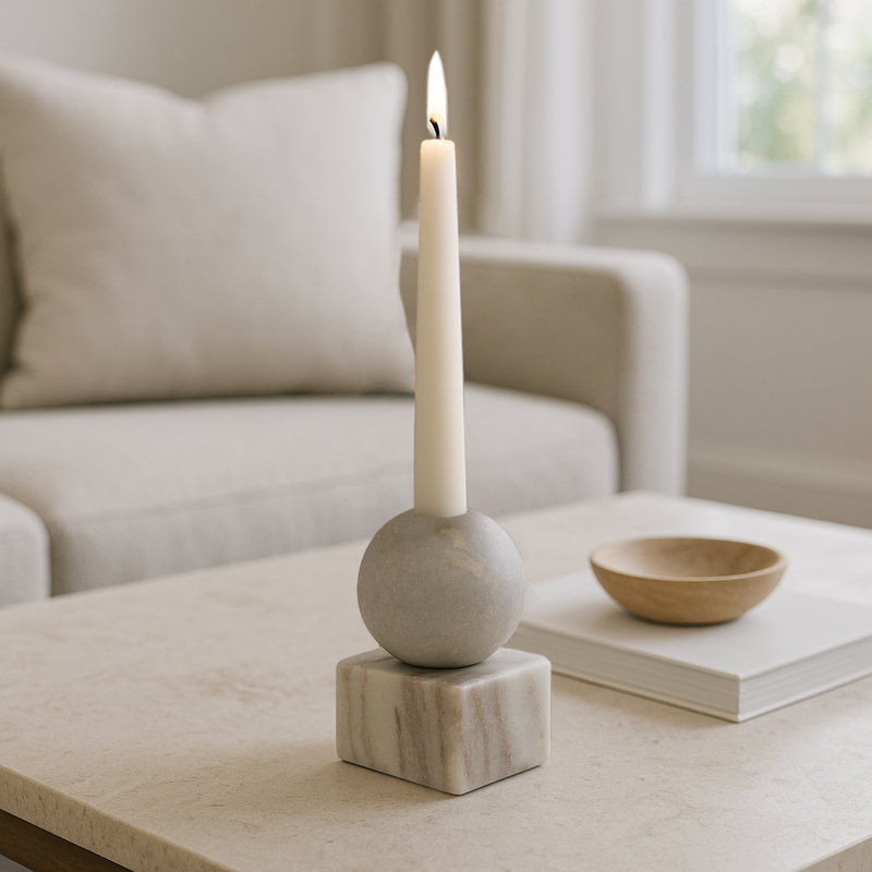 Modern Candle Holder Marble Sphere and Polished Block Base - Decorative Candle Holder for Home and Living Room Styling - Luxury Sculptural Tabletop Candle Holder For A Timeless Ambiance Setting