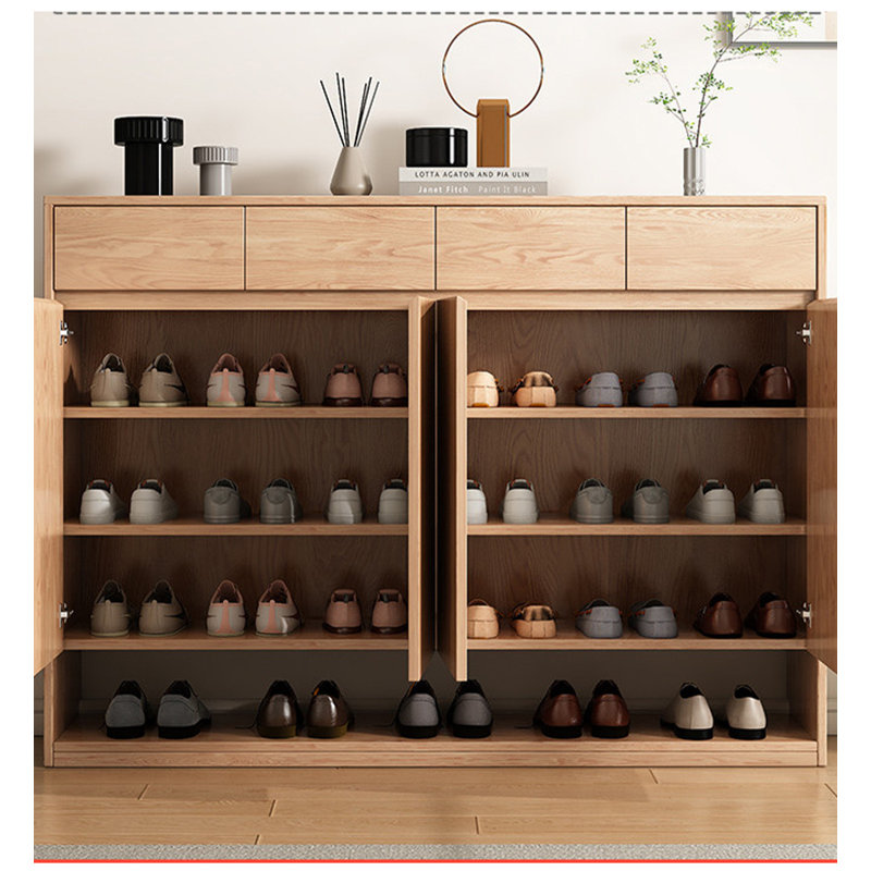 Meuble à chaussures en bois naturel avec tiroirs, portes et tablette inférieure ouverte, idéal pour l'entrée, le corridor ou la décoration intérieure.