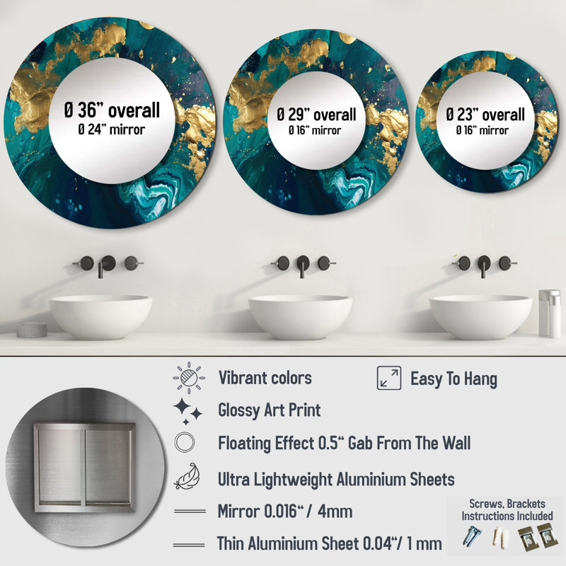 Savannahrose Teal and Gold Liquid Magic II - Abstract Decorative Mirror, Teal Wall Mirror, Printed Metal Art, 36" x 36"