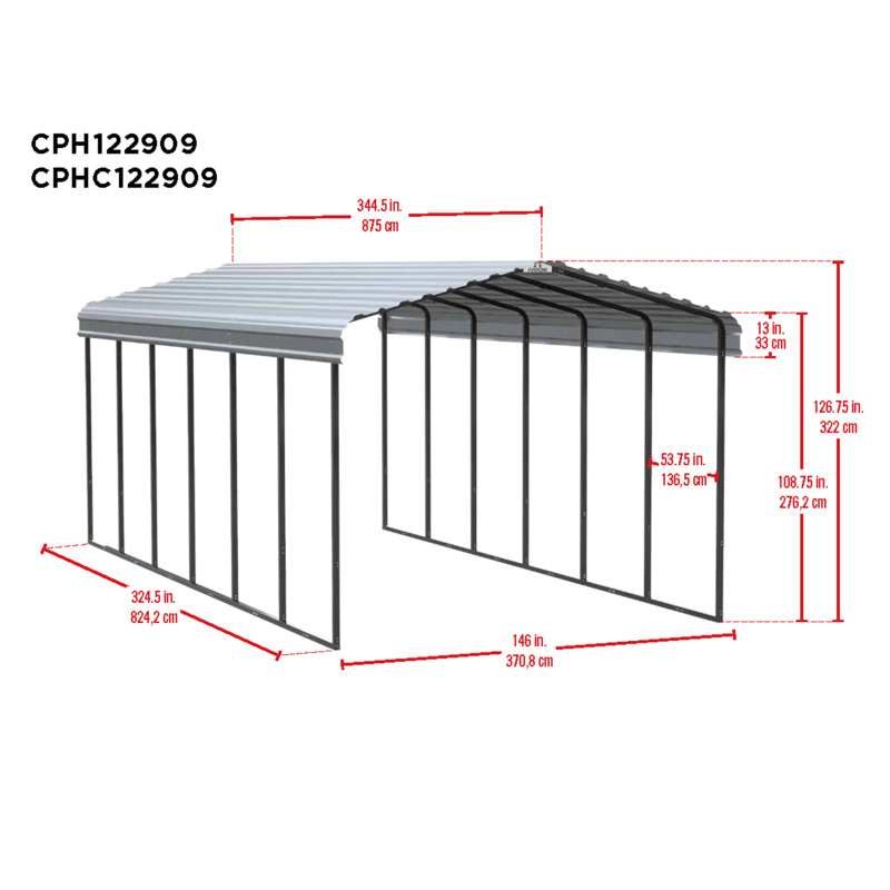 Galvanized Steel Carport, 12X29X9, Charcoal