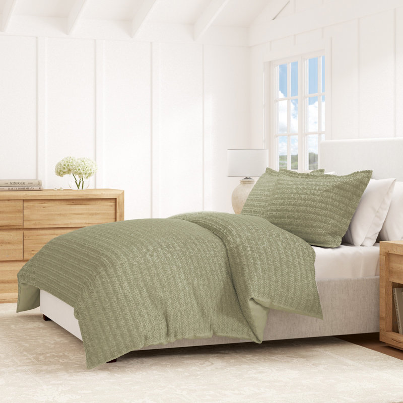 Housse de couette texturée Clemence, Vert eucalyptus, Couette double / grande + 2 taies décoratives