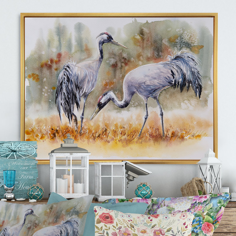 «Two Cranes in the Meadows», reproduction sur toile flottante, Cadre doré, H 16 po x l 32 po x P 1 po