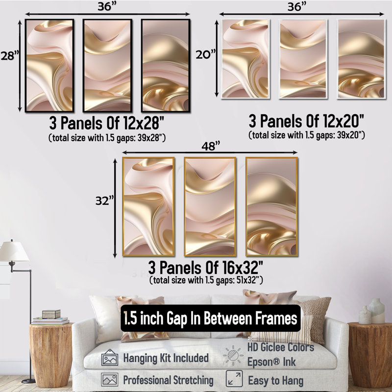Subtile sophistication en rose exquis et or VI - 3 pièces sur toile, Cadre flottant doré, H 32 po x l 48 po