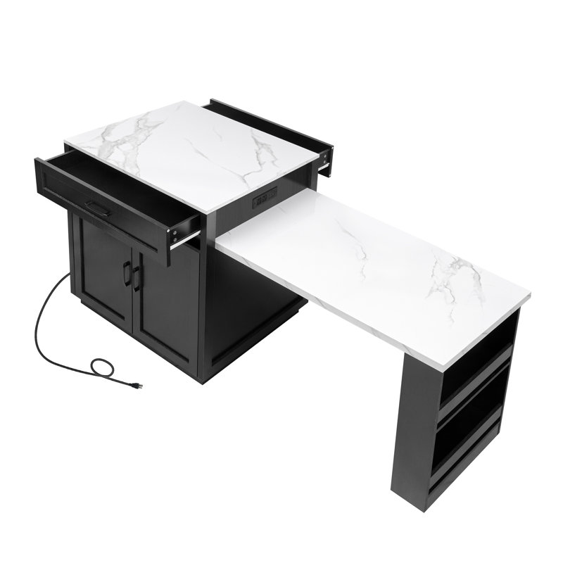 Îlot de cuisine 82,7 po avec table de salle à manger extensible pour 4 à 6 personnes, îlot de cuisine roulant avec tiroirs de rangement, armoire et prise de courant, deux tons