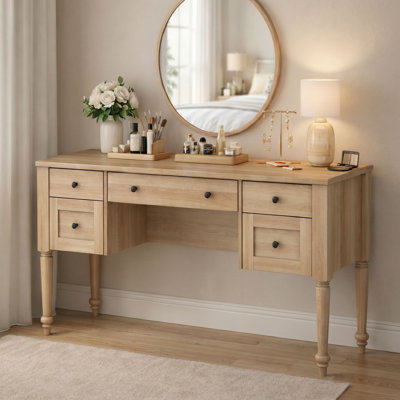 Scarlett 56" Spacious Vanity Desk With 5 Drawers, Charging Station, Rear Cabinet, Open Shelf, Oak, No Mirror