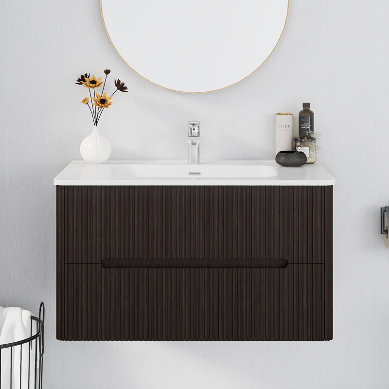 Armoire de salle de bain murale à rayures verticales de 36 po de couleur brun foncé à fixation verticale | Bassin en céramique intégré | Tiroirs doubles | Rail silencieux à fermeture en douceur | Charnière à fermeture en douceur