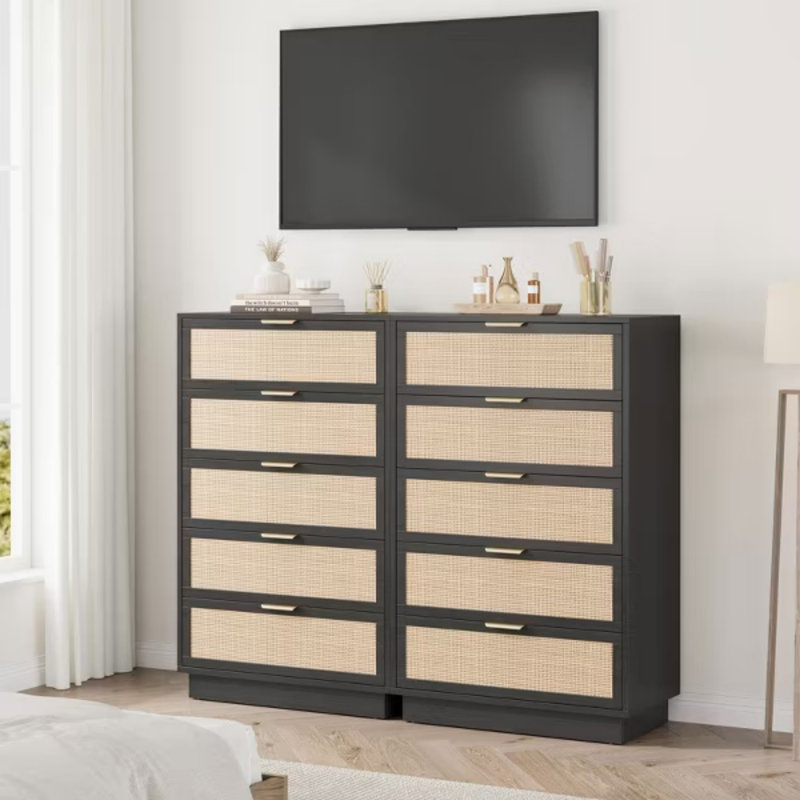 Commode 5 tiroirs en rotin, commode haute avec poignées en métal et base en bois massif, rangement pour la chambre à coucher, le salon