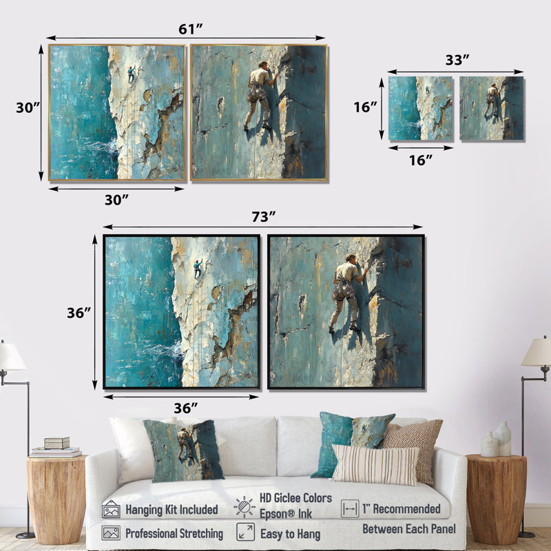 «Rocky Terrain Rock Climbing III - Motivation Climbing Man», art mural traditionnel sur toile 2 pièces, 36" H x 73" W