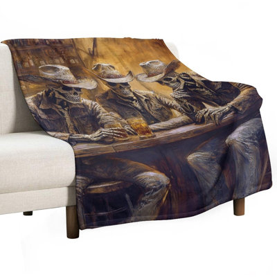 Skeletons Drinking Whiskey Saloon Luxury Flannel Throw Blanket, Soft Warm Fuzzy Blanket for Living Room Sofa Bed Home Decor