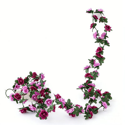 2 Pack 45heads Artificial Flowers String Vine Rose Diy Wedding Decoration Fake Flower Home Room Decor Party Wall Hanging Garland Plants 250cm/98.42inch, Purple