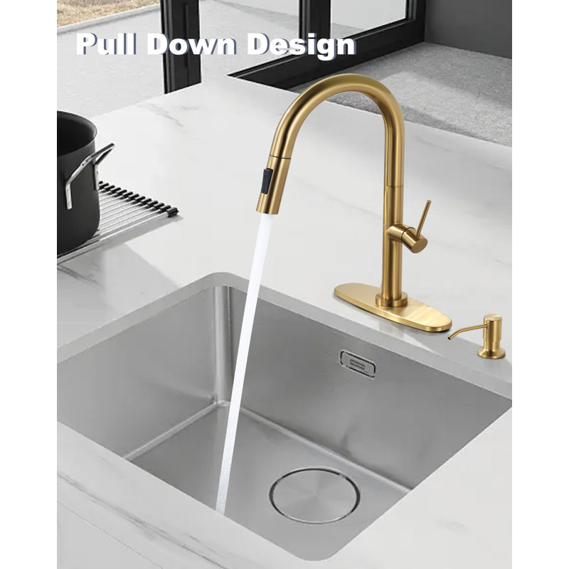 Brushed Gold Stainless Steel Pull Down Kitchen Faucet with Soap Dispenser