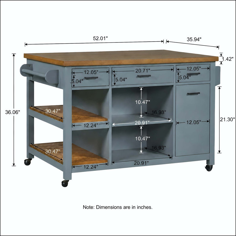 Chariot pour îlot de cuisine 52 po avec plateau en bois d'hévéa, tiroirs et tablettes ouvertes