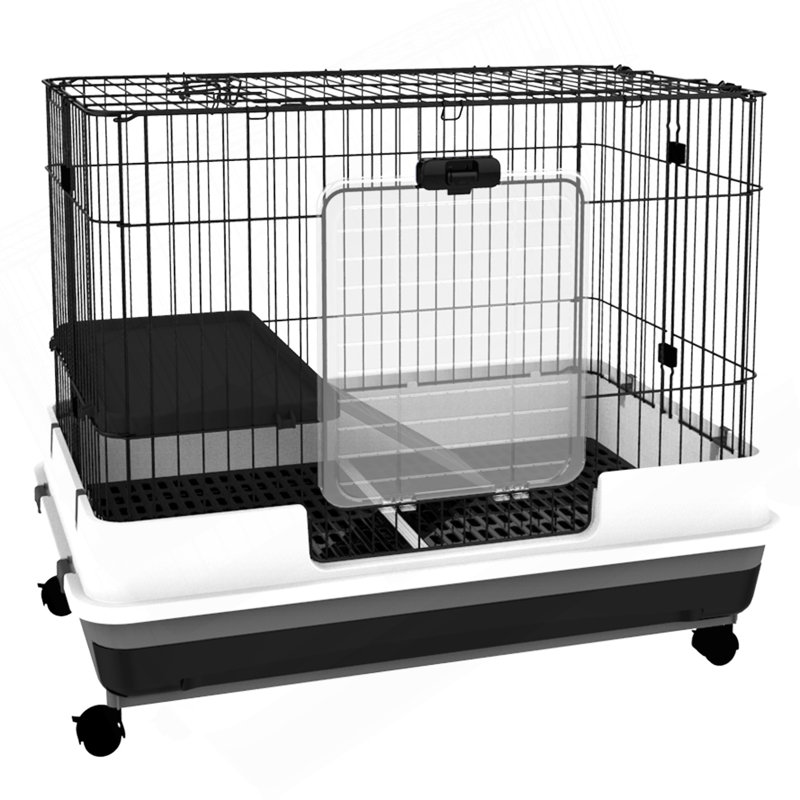 Cage à lapin à 2 niveaux avec roulettes, plateau amovible, plateforme et rampe pour lapin, chinchillas, furet, noir