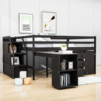 Wood Twin 3 Drawers Loft Bed With Retractable Desk, Stairs And Shelves