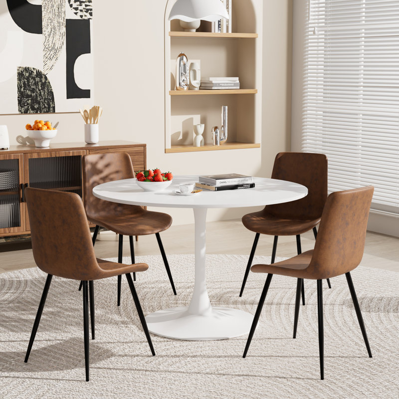 Round Dining Table Set for 4(1 Table + 4 Chairs), 28.7"H x 42.1"L x 42.1"W, White