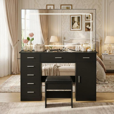 Vanity with Chair and Mirror and 7 Drawers Storage, White Makeup Vanity Desk with Lights, Vanitys Set with 3 Light Mode and Brightness Adjusted, Make