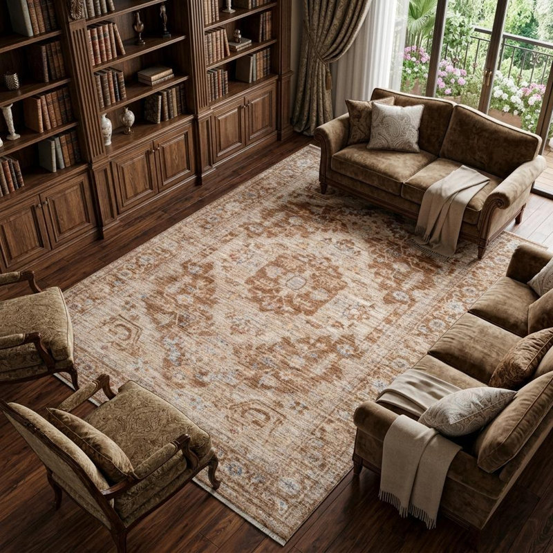 Tapis médaillon floral sable et brun 9 pi x 12 pi avec frange