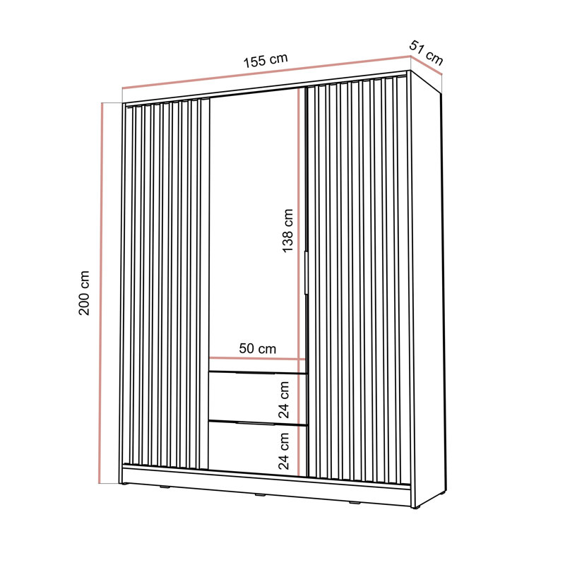 NELA Wardrobe with Slatted Fronts, 155 cm, mirror included