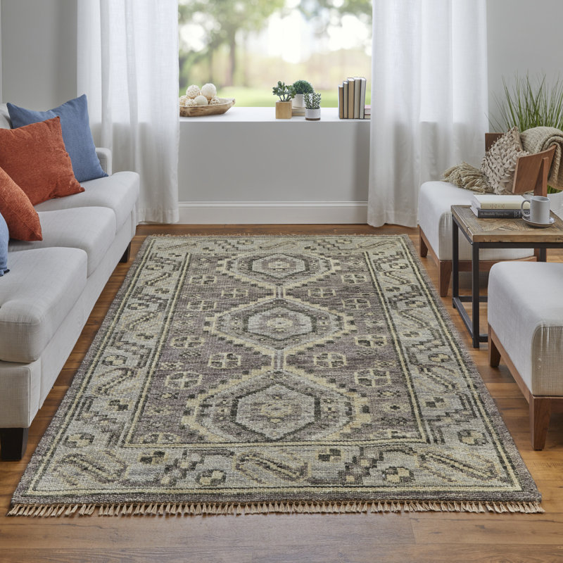 Narely Hand Knotted Wool Geometric Area Rug in Gray, Runner 2'6" x 14'