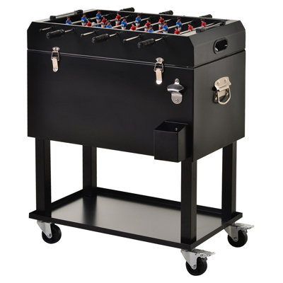 68QT Patio Cooler Ice Chest with Foosball Table Top, Portable Poolside Party Bar Cold Drink Rolling Cart on Wheels with Tray Shelf