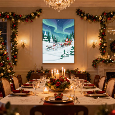 Ensemble de 3 impressions sur toile, Noël, père Noël, traîneau, chiens, aurores, arbres de neige, ciel nocturne