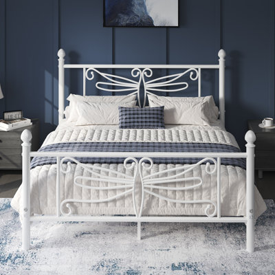 Full Elegant Metal Platform Bed with Dragonfly Headboard and Footboard, Sturdy and Stable Structure & Under-bed Storage, Easy Assembly, White