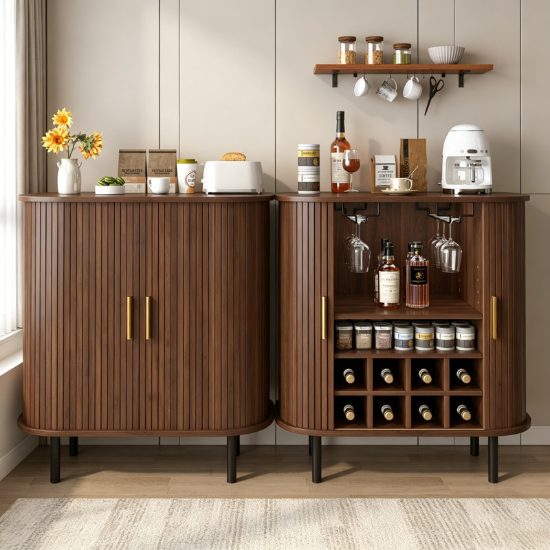 Fluted Wine Bar Cabinet With 8-Grid Wine Rack, 5-Level Adjustable Shelves, 2 Glass Holders, And Hidden Storage, Modern Liquor Coffee Station