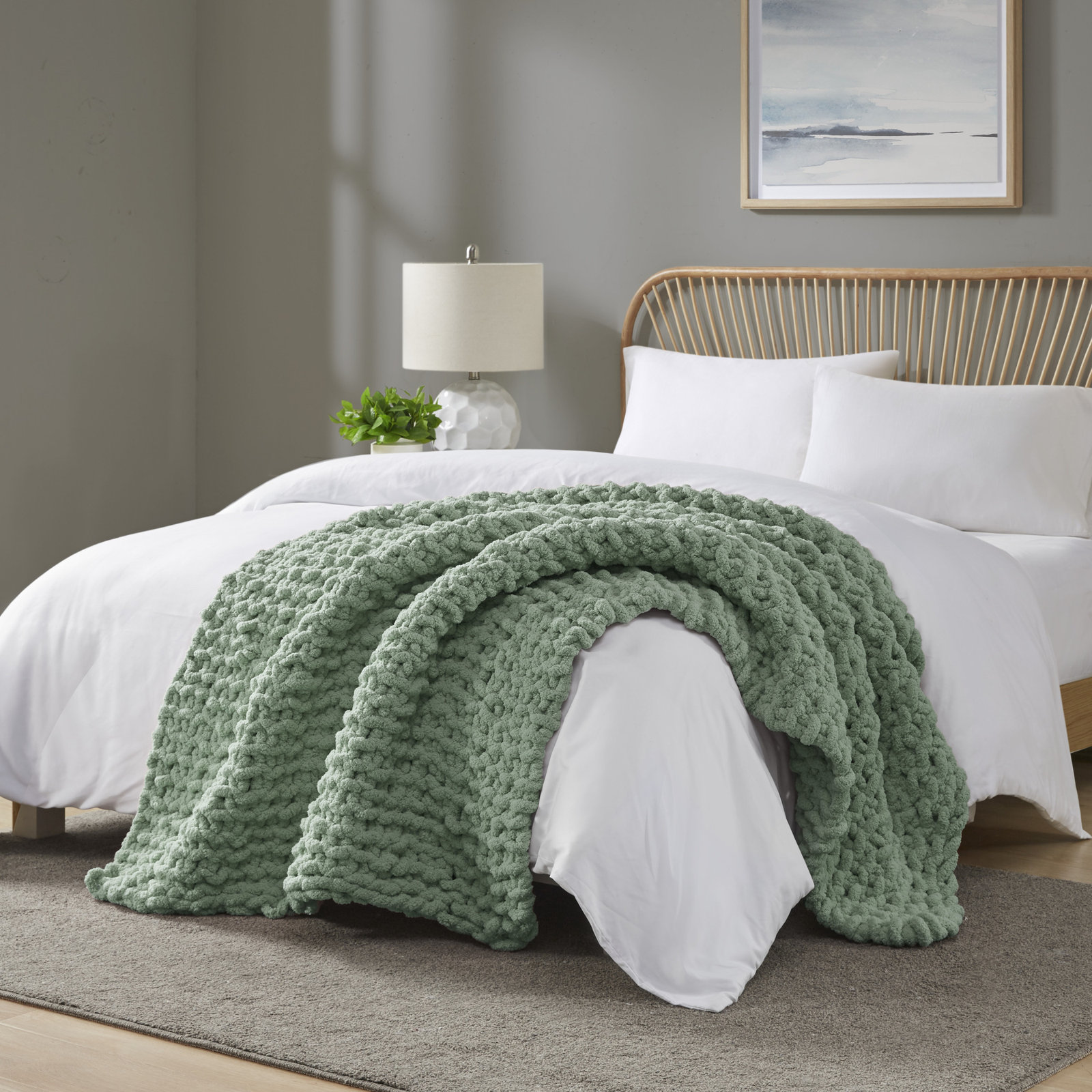 Chenille Chunky Knit Throw Blanket, Sage Green