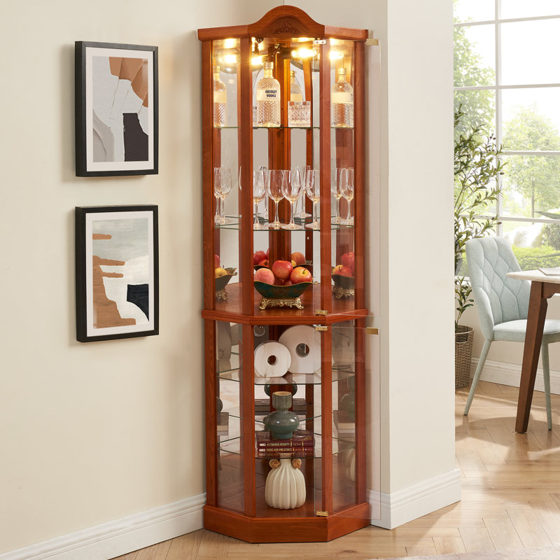 Glass Cabinet Lighted Corner Cabinet Corner Display Curio Cabinet, Glass Display with Light, Oak