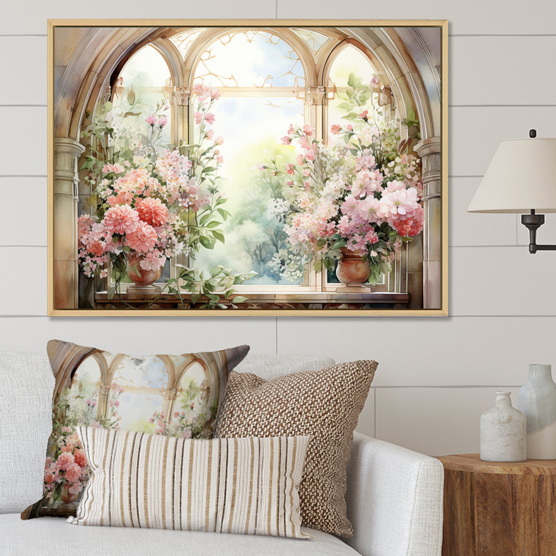 «Pink Blossoming Country Window Gaze V», reproduction d'art sur toile, Cadre flottant blanc, H 30 po x l 40 po x P 1,5 po