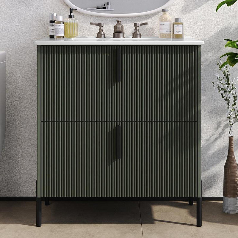 Meuble-lavabo de 30 po avec lavabo en céramique et tiroirs pleine extension, glissières de tiroir à fermeture en douceur, conception cannelée, vert