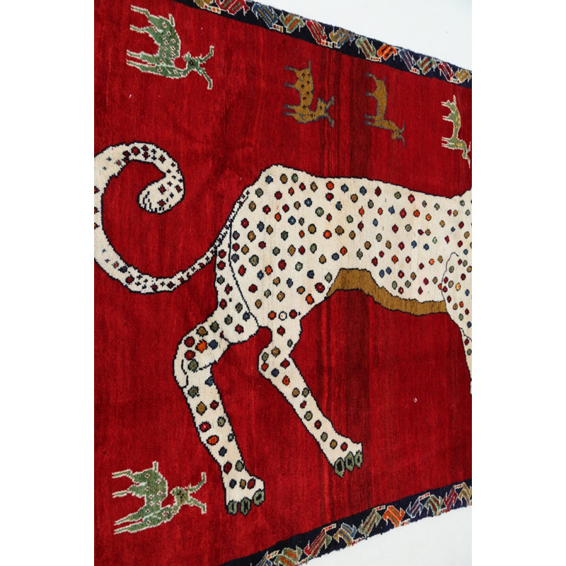 Red Hand Knotted Cheetah Design Rug 3'6"X 6'4"