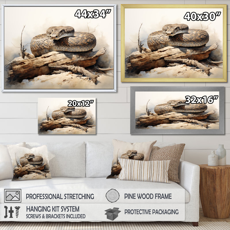 Rattler Rattlesnake sur impression sur toile, H 12 po x l 20 po x P 1 po, Cadre flottant noir