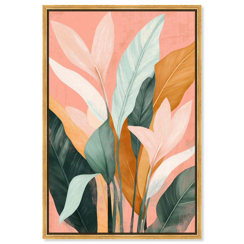 «Peach and Palm Canvas Natures» par , Cadre flottant doré, H 37 po x l 25 po