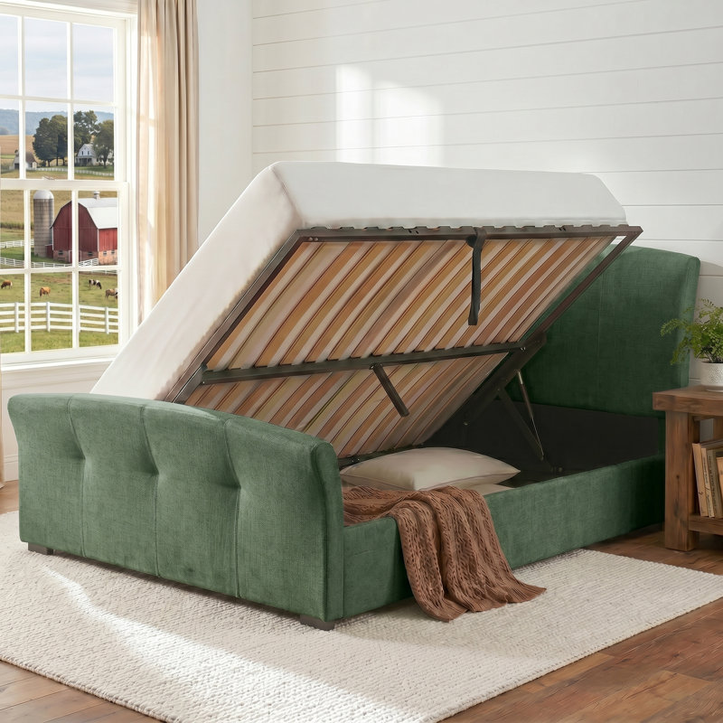 Classic Upholstered Sleigh Bed with Side Lift-Up Storage, Queen, Turtle Linen, Turtle, Queen