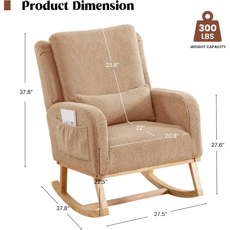 Rocking Chair with Supportive Lumbar Pillow, Khaki