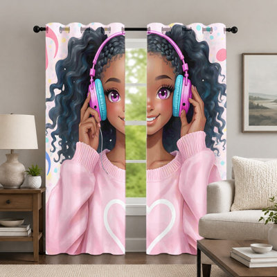 2Pcs Cartoon Girl with Headphones Curtains, Vibrant Theme Graphic Print Drapes, Modern Anime Style Character Pattern Grommet Window Treatment for Bedroom Living Room Decor