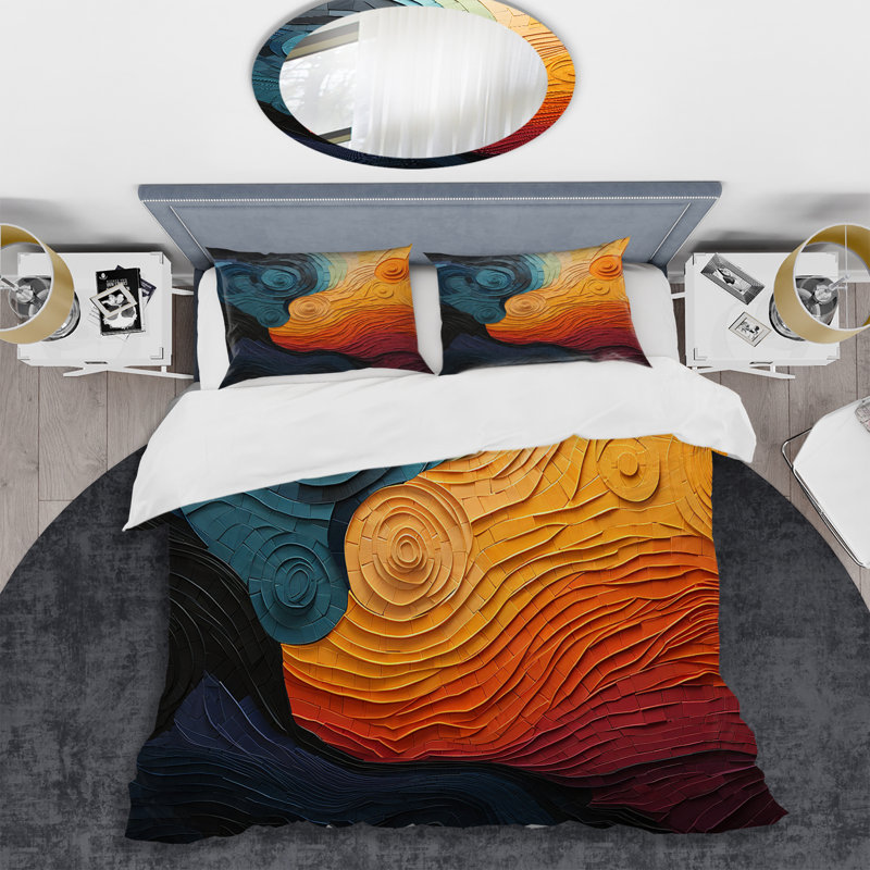 Teal Orange Op Art Rhythmic Illusion II - Abstract Duvet Cover Set, Queen Duvet Cover + 2 Standard Shams