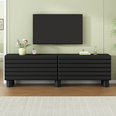Meuble télé noir avec porte ondulée, console multimédia pour téléviseur de 75 po, 4 armoires, tablettes réglables | Idée cadeau
