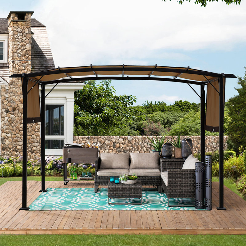 12×9 Ft Outdoor Pergola Patio Gazebo With Retractable Shade Canopy, Steel - Framed Grape Gazebo, Beige Sunshade Structure For Gardens, Terraces, Backyards