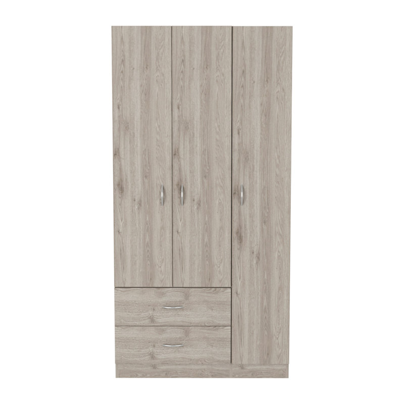 Armoire 3 portes avec deux tiroirs, tablettes et barre de suspension austral, Gris clair