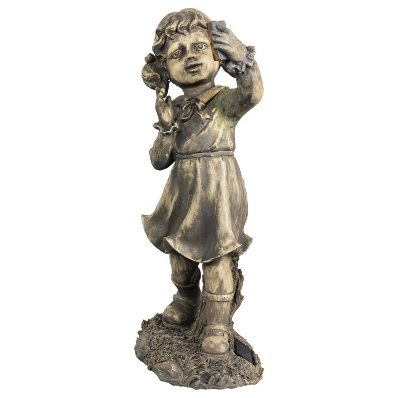 18" Distressed Gray Girl with Cell Phone Solar LED Garden Statue
