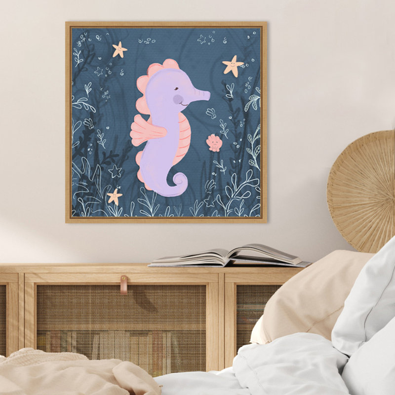 «Seahorse and Turtle Blue I» par Hartworks, reproduction d'art sur toile encadrée, H 22 po x l 22 po